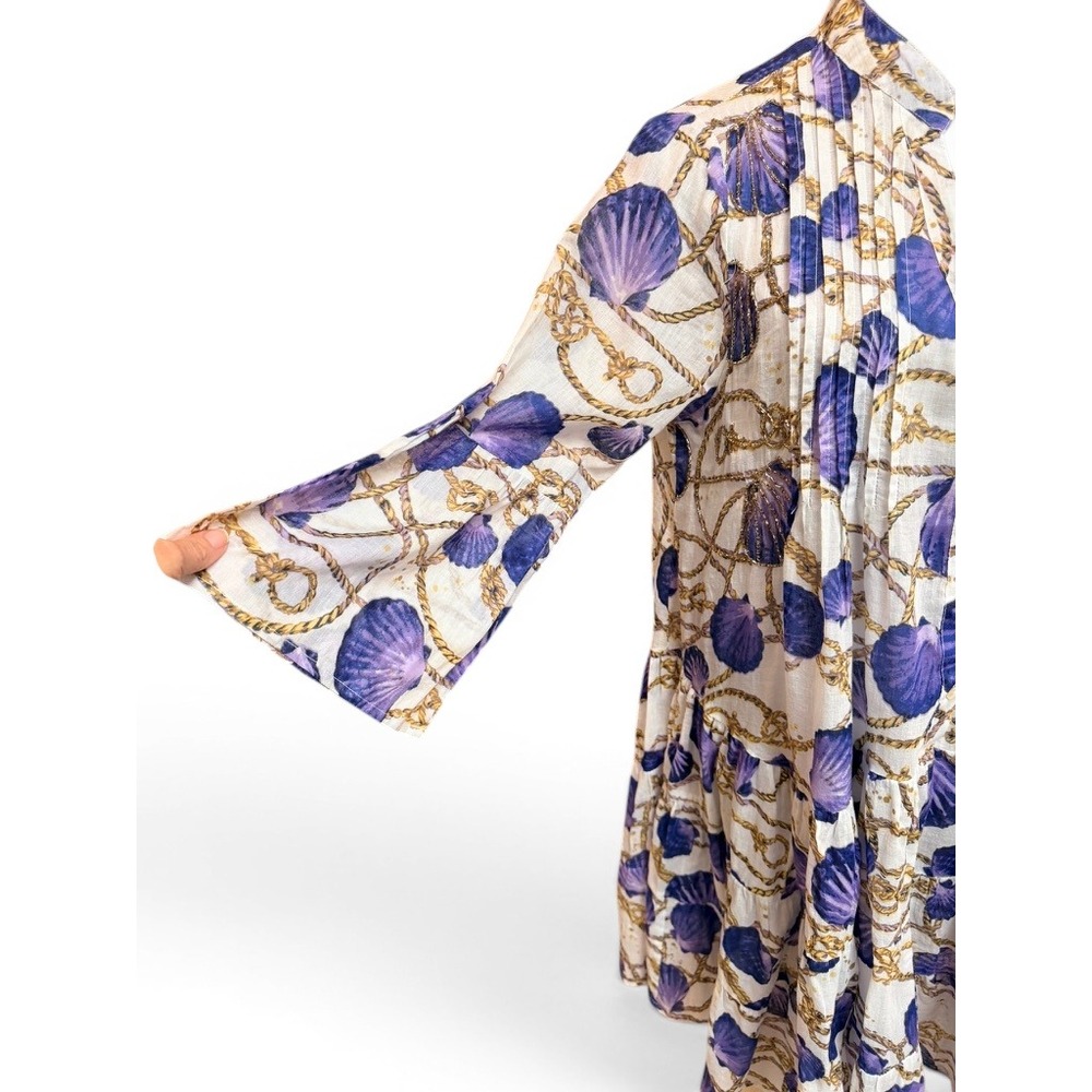 Ayfëe Florence Cotton Gauze Seashell Rope Print Tiered Bell Sleeve Dress M - Picture 6 of 11